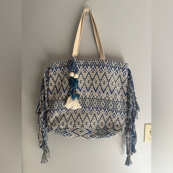 Magid Handbags - Magid Woven Tassel Button Clasp Double Strap Beach Large Tote Bag Blue Cream